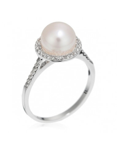 Bague Or Blanc 375/1000 "Perle enchantée" Or blanc Diamant :0,13ct/42+ 1 perle de culture de 8mm