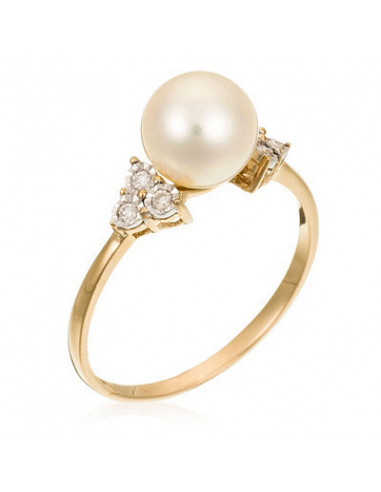 Bague Or Jaune 375/1000 "Triangle&Pearl" D0.07ct/6 Perle Blanche 7,5-8mm