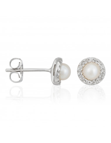 Boucles d'oreilles Or Blanc 375/1000Boucles d' Oreilles "Perles Enchantées" Diamants 0,14/32 Perles Blanches 4mm