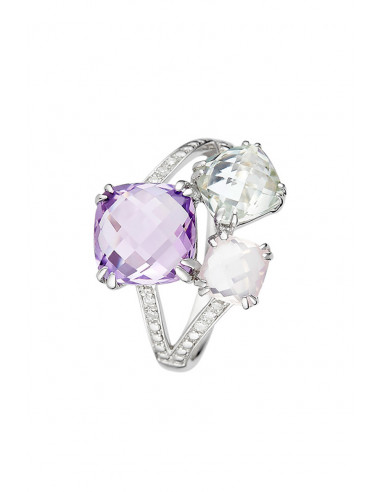 Bague Or Blanc 375/1000  "Précieuses Divines"Diamants: 0,05ct/10 Améth: Violette&Vert,Quartz Rose