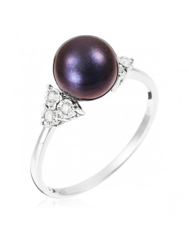 Bague Or Blanc 375/1000  "Triangle&Pearl"D0.07ct/6 Perle Noire 7,5-8mm