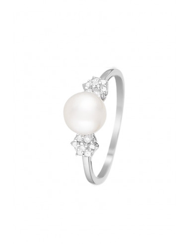 Bague Or Blanc 375/1000  "Star&Pearl"D0.07ct/6 Perle Blanche 7-7,5 mm