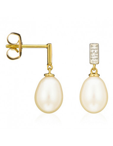 Boucles d'oreilles Or Jaune 750/1000  "Ma Perle"Diamants 0,01ct/2+2 Perles de culture 7mm