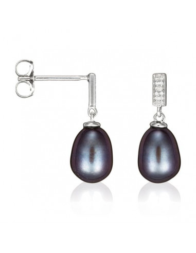 Boucles d'oreilles Or Blanc 750/1000  "Ma Perle Noire PM"Diamant : 0,01ct/2 + 2 perles de culture