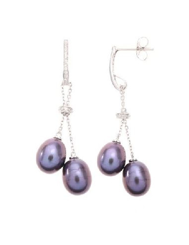 Boucles d'oreilles Or Blanc 375/1000  "Harmonie de Perles"Diamant : 0,09ct/30 +  2 perles de cultu