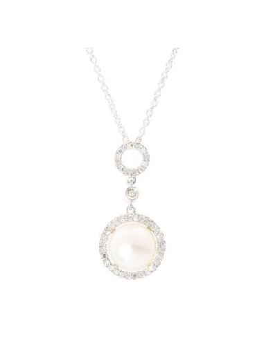 Pendentif Or Blanc 375/1000  "Jolie Perle Enchantée "Diamant : 0,13ct/42+ 1 perle blanche de 7,5mm