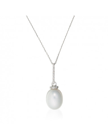 Pendentif Or Blanc 375/1000  "Ma Perle"Diamant :0,01ct/4+1 Perle 9mm/9,5mm