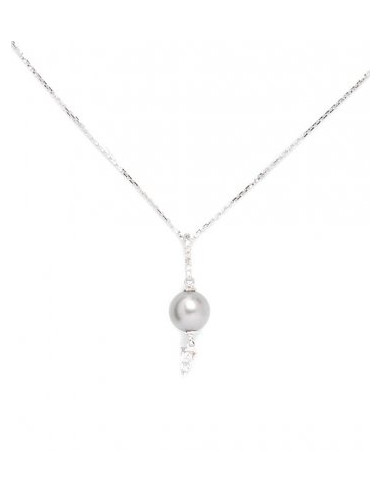 Pendentif Or Blanc 375/1000  "Perle Cendrée"D0.05ct/8 Perle Grise 7-7,5 mm