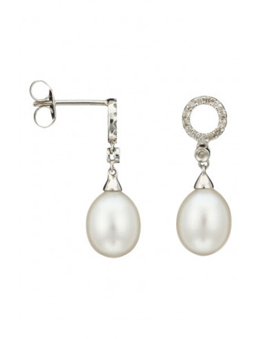 Boucles d'oreilles Or Blanc 375/1000 Jolies Perles Diamant 0,12ct Perle